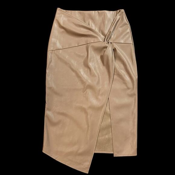 Fab'rik Womens Mocha Mousse Tan Vegan Leather Faux Wrap Bodycon Midi Skirt Large - Picture 1 of 9